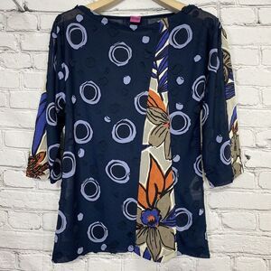 Save The Queen‎ Women Mesh Blouse Floral Abstract Applique 3/4 Sleeve Boat Neck
